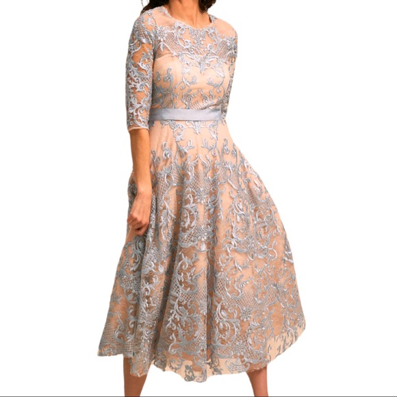 New BHLDN Linden 6 8 10 Blue Embroidered Belted MOB / MOG Tea Length Midi Dress - Picture 2 of 9